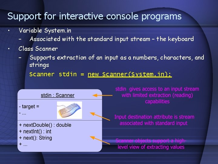 Support for interactive console programs • Variable System. in – Associated with the standard Support for interactive console programs • Variable System. in – Associated with the standard