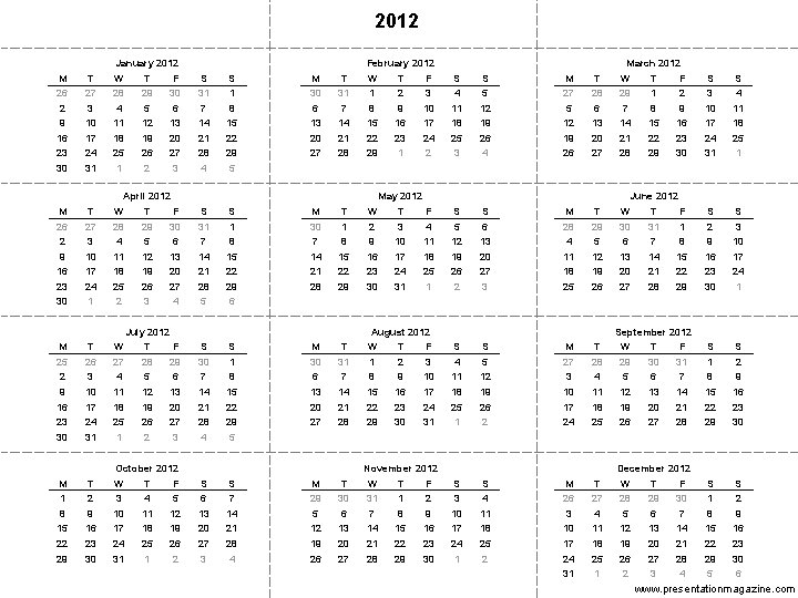 2012 January 2012 February 2012 March 2012 M T W T F S S