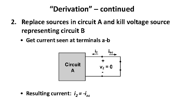 “Derivation” – continued 2. Replace sources in circuit A and kill voltage source representing