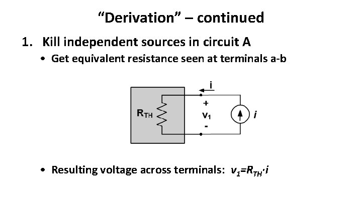 “Derivation” – continued 1. Kill independent sources in circuit A • Get equivalent resistance