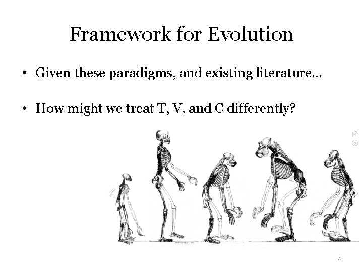 Framework for Evolution • Given these paradigms, and existing literature… • How might we