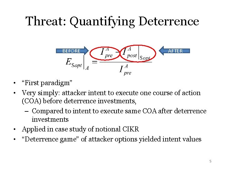 Threat: Quantifying Deterrence BEFORE AFTER • “First paradigm” • Very simply: attacker intent to