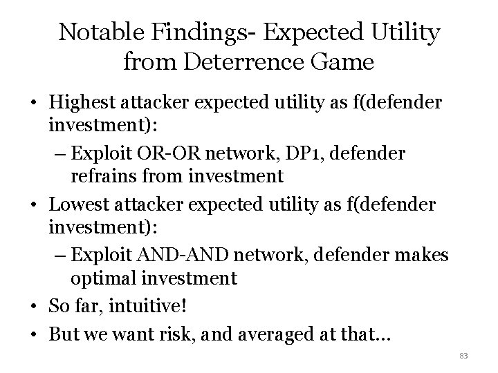 Notable Findings- Expected Utility from Deterrence Game • Highest attacker expected utility as f(defender
