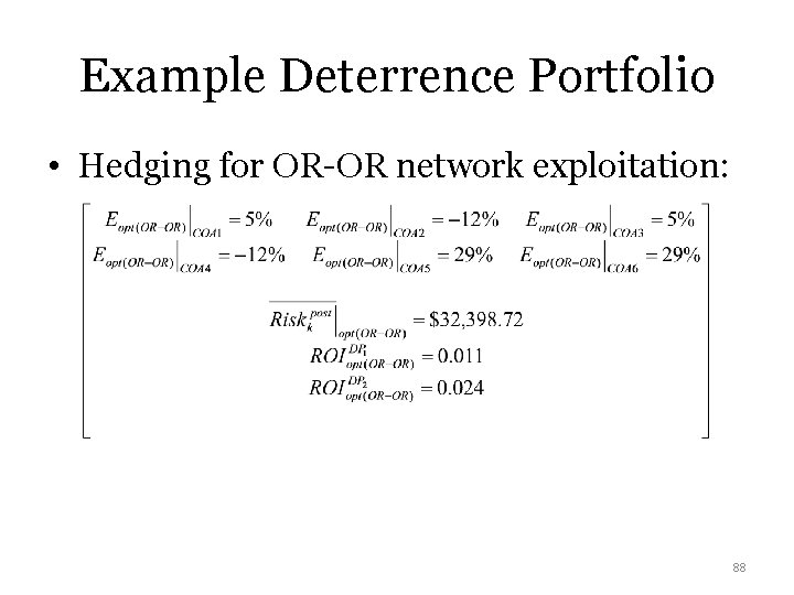 Example Deterrence Portfolio • Hedging for OR-OR network exploitation: 88 