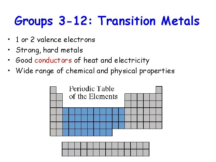 Groups 3 -12: Transition Metals • • 1 or 2 valence electrons Strong, hard
