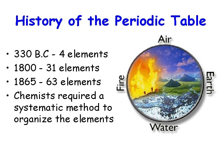 History of the Periodic Table • • 330 B. C - 4 elements 1800