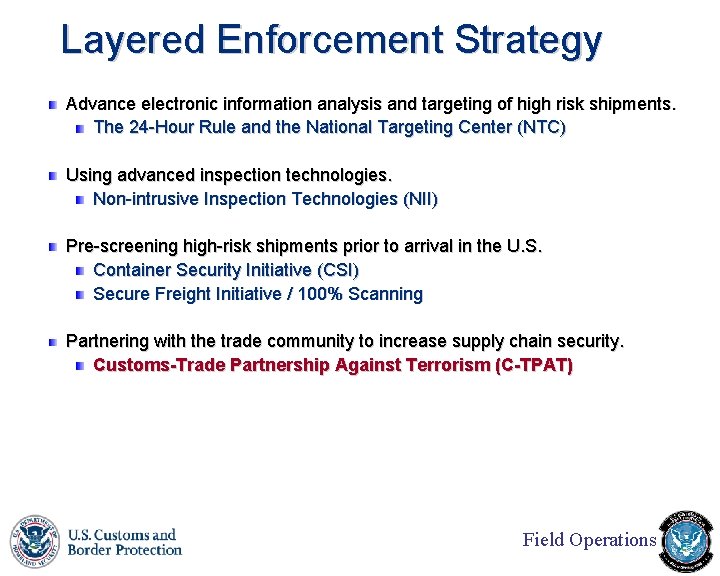 Layered Enforcement Strategy Advance electronic information analysis and targeting of high risk shipments. The