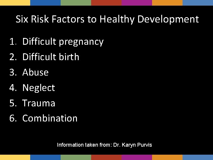 Six Risk Factors to Healthy Development 1. 2. 3. 4. 5. 6. Difficult pregnancy