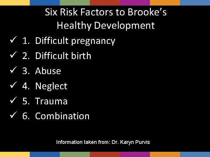 Six Risk Factors to Brooke’s Healthy Development ü ü ü 1. 2. 3. 4.