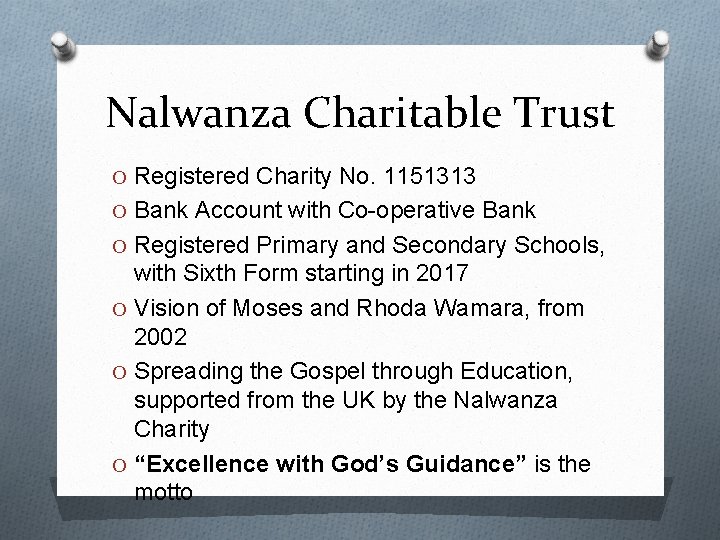 Nalwanza Charitable Trust O Registered Charity No. 1151313 O Bank Account with Co-operative Bank