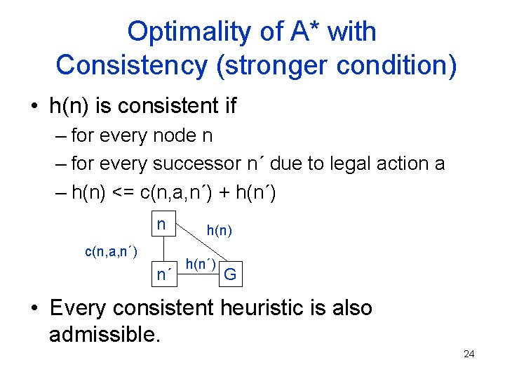 Optimality of A* with Consistency (stronger condition) • h(n) is consistent if – for