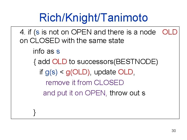 Rich/Knight/Tanimoto 4. if (s is not on OPEN and there is a node OLD
