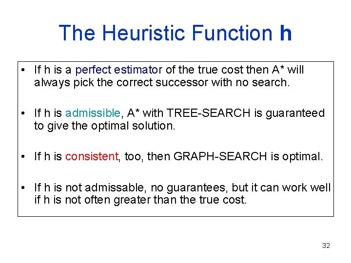 The Heuristic Function h • If h is a perfect estimator of the true