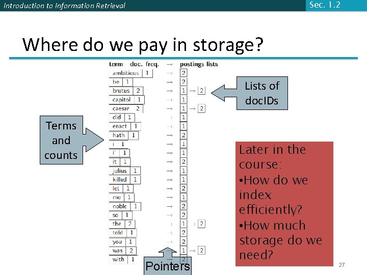 Sec. 1. 2 Introduction to Information Retrieval Where do we pay in storage? Lists