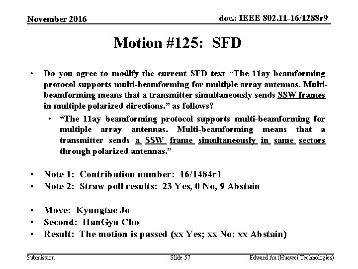 doc. : IEEE 802. 11 -16/1288 r 9 November 2016 Motion #125: SFD •