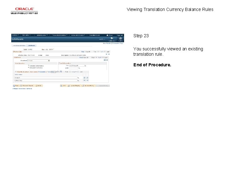 Viewing Translation Currency Balance Rules Step 23 You successfully viewed an existing translation rule.