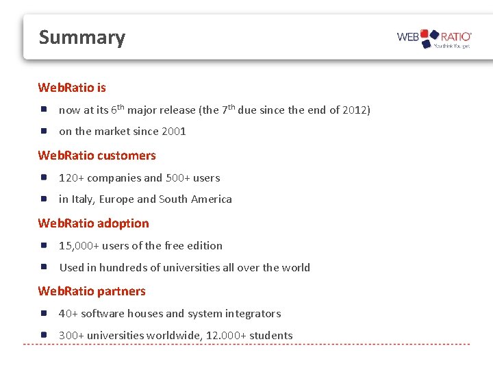 Summary Web. Ratio is now at its 6 th major release (the 7 th