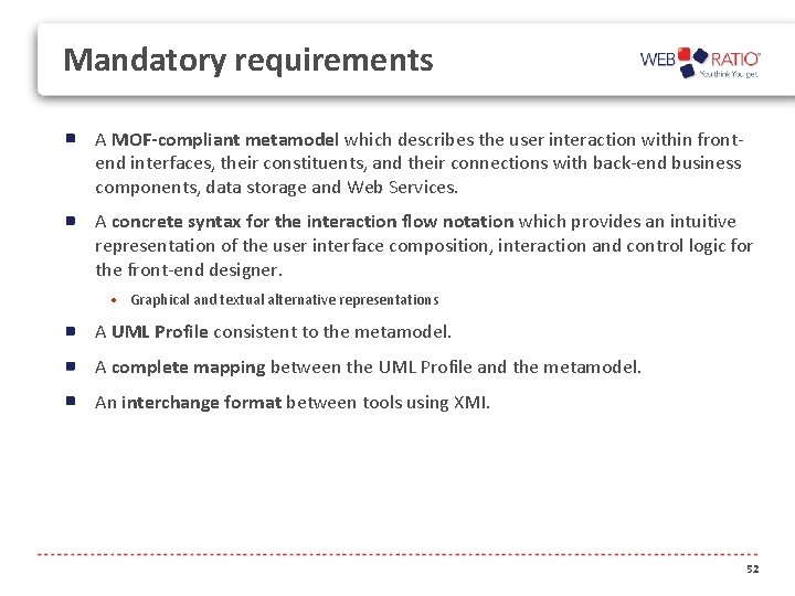 Mandatory requirements A MOF-compliant metamodel which describes the user interaction within frontend interfaces, their