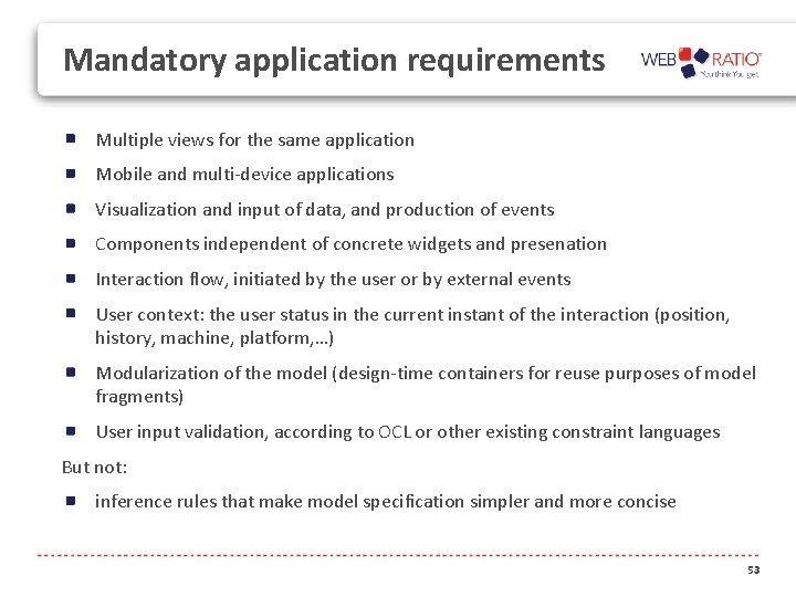 Mandatory application requirements Multiple views for the same application Mobile and multi-device applications Visualization