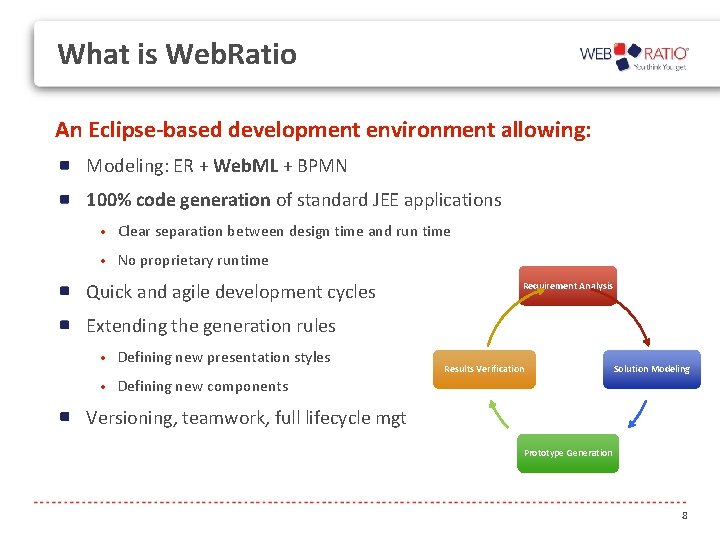 What is Web. Ratio An Eclipse-based development environment allowing: Modeling: ER + Web. ML