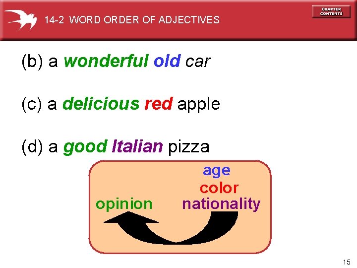 14 -2 WORD ORDER OF ADJECTIVES (b) a wonderful old car (c) a delicious