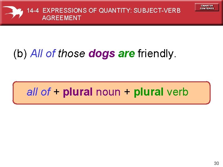 14 -4 EXPRESSIONS OF QUANTITY: SUBJECT-VERB AGREEMENT (b) All of those dogs are friendly.