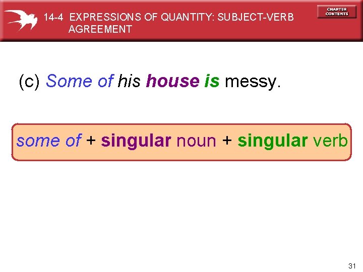 14 -4 EXPRESSIONS OF QUANTITY: SUBJECT-VERB AGREEMENT (c) Some of his house is messy.