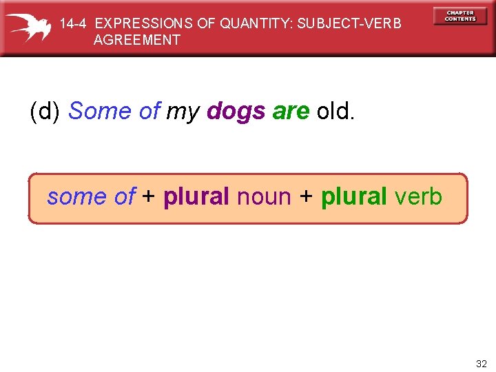 14 -4 EXPRESSIONS OF QUANTITY: SUBJECT-VERB AGREEMENT (d) Some of my dogs are old.