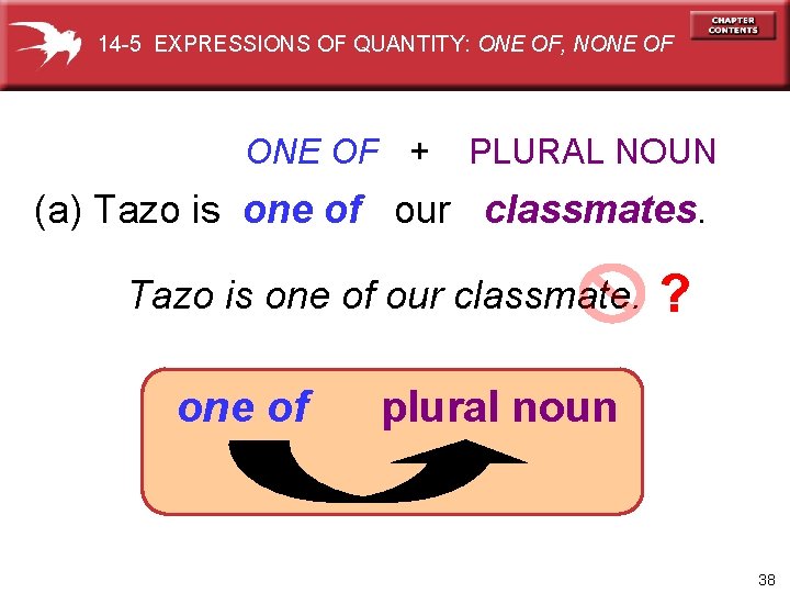 14 -5 EXPRESSIONS OF QUANTITY: ONE OF, NONE OF + PLURAL NOUN (a) Tazo
