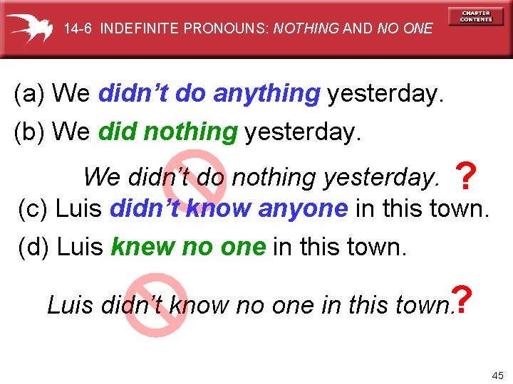 14 -6 INDEFINITE PRONOUNS: NOTHING AND NO ONE (a) We didn’t do anything yesterday.