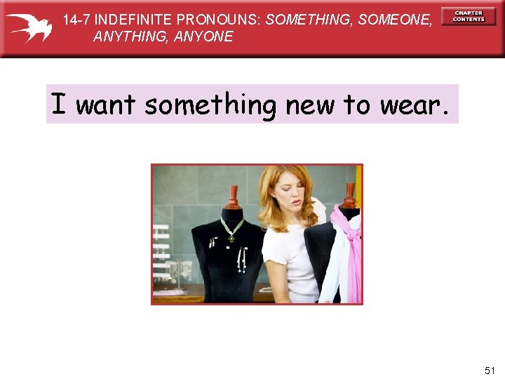 14 -7 INDEFINITE PRONOUNS: SOMETHING, SOMEONE, ANYTHING, ANYONE I want something new to wear.