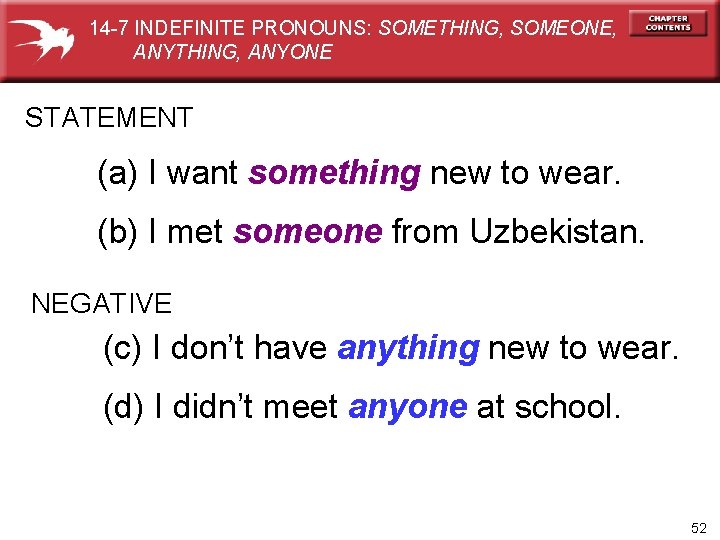 14 -7 INDEFINITE PRONOUNS: SOMETHING, SOMEONE, ANYTHING, ANYONE STATEMENT (a) I want something new