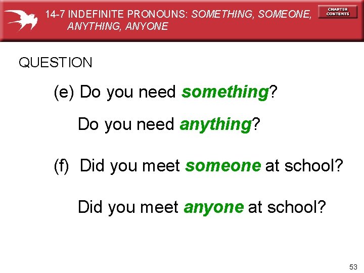 14 -7 INDEFINITE PRONOUNS: SOMETHING, SOMEONE, ANYTHING, ANYONE QUESTION (e) Do you need something?