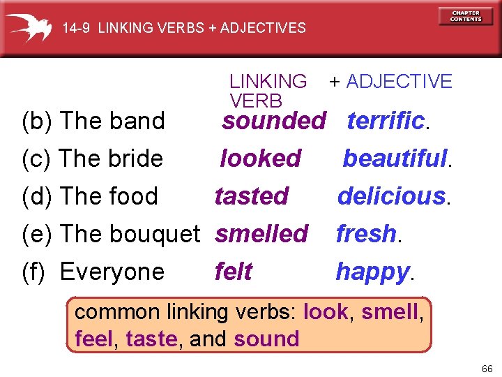 14 -9 LINKING VERBS + ADJECTIVES LINKING VERB + ADJECTIVE (b) The band sounded