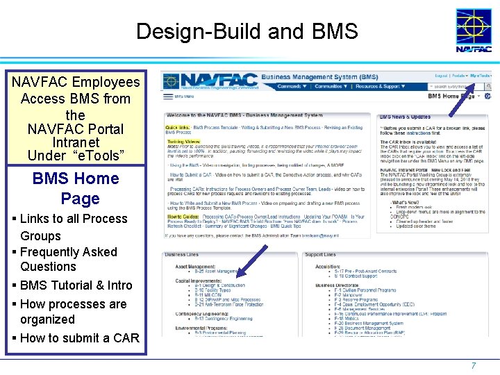 Design-Build and BMS NAVFAC Employees Access BMS from the NAVFAC Portal Intranet Under “e.