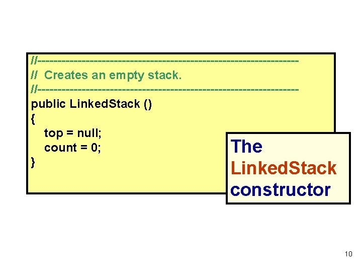//--------------------------------// Creates an empty stack. //--------------------------------public Linked. Stack () { top = null; count
