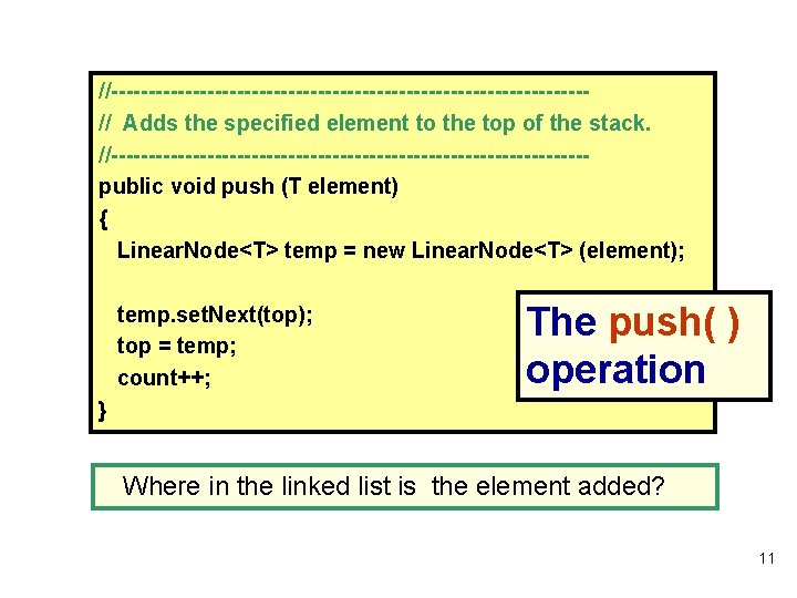 //--------------------------------// Adds the specified element to the top of the stack. //--------------------------------public void push