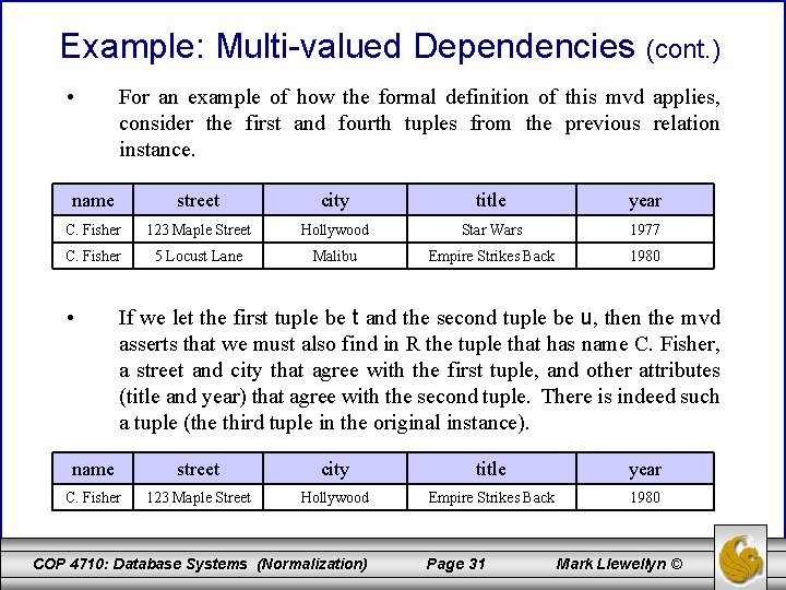 Example: Multi-valued Dependencies (cont. ) • For an example of how the formal definition