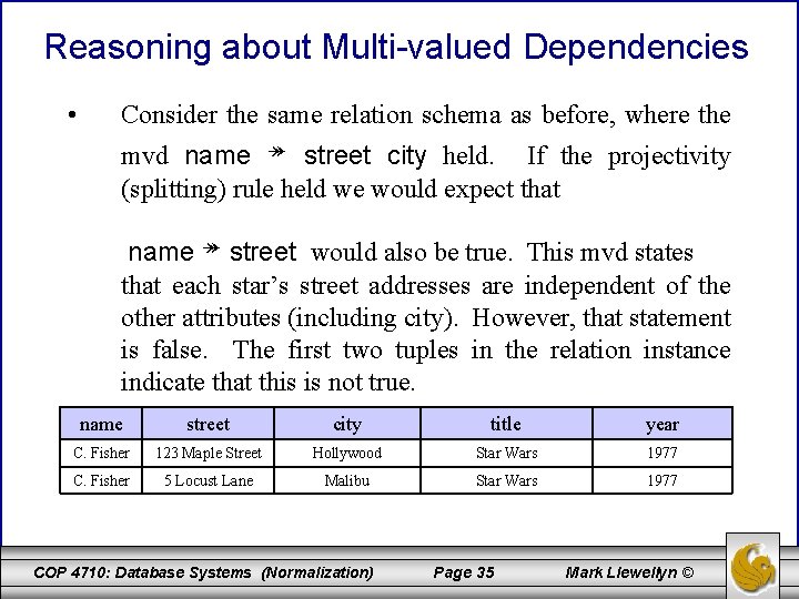 Reasoning about Multi-valued Dependencies • Consider the same relation schema as before, where the