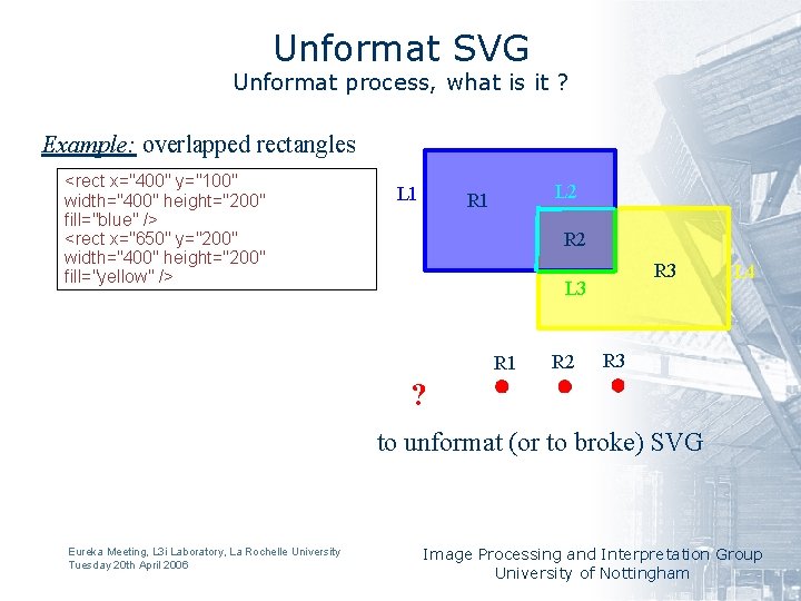 Unformat SVG Unformat process, what is it ? Example: overlapped rectangles <rect x="400" y="100"