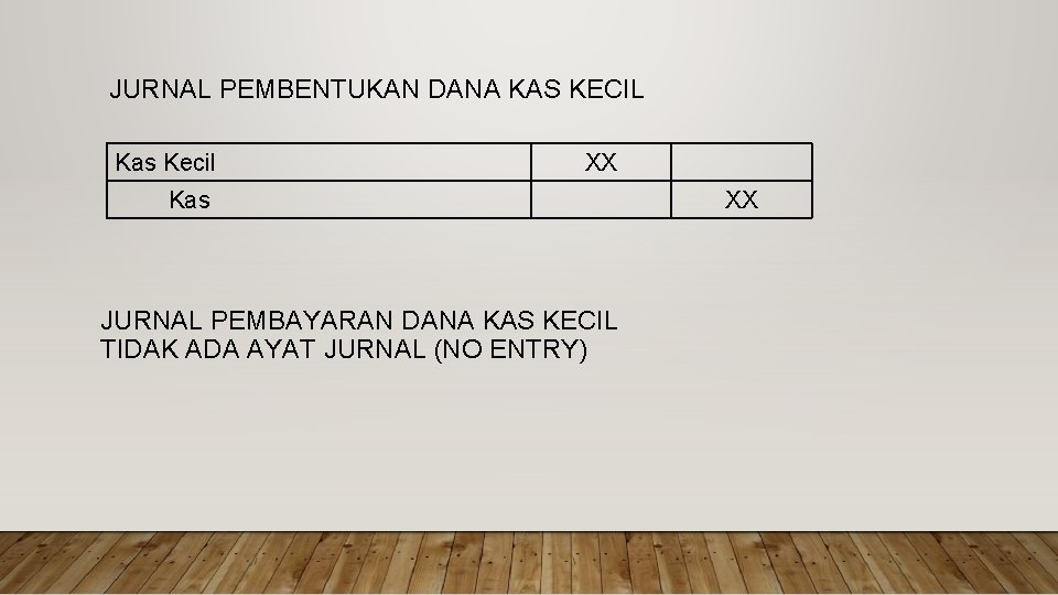 JURNAL PEMBENTUKAN DANA KAS KECIL Kas Kecil XX Kas JURNAL PEMBAYARAN DANA KAS KECIL