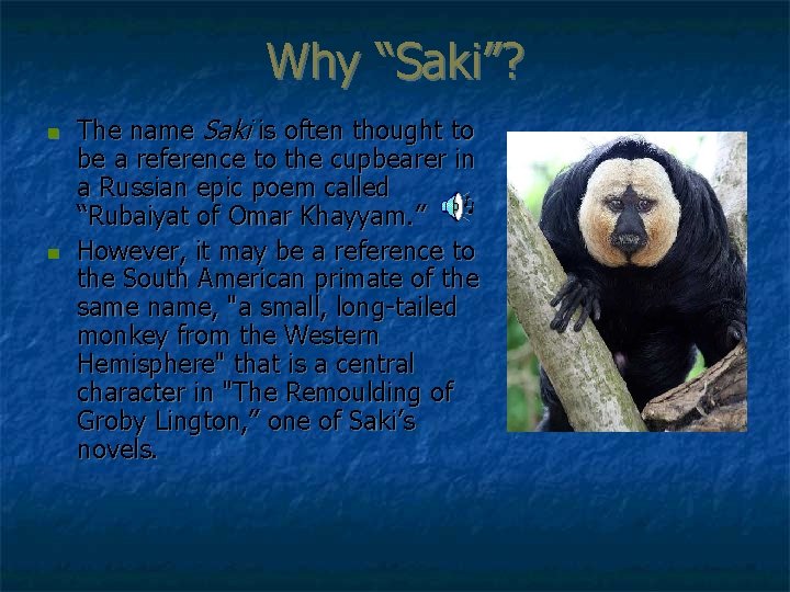 Why “Saki”? n n The name Saki is often thought to be a reference