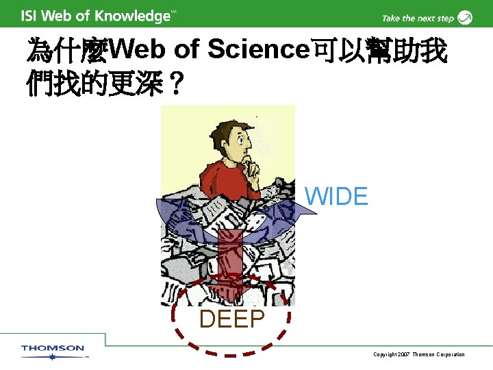 為什麼Web of Science可以幫助我 們找的更深？ WIDE DEEP 107 Copyright 2007 Thomson Corporation 
