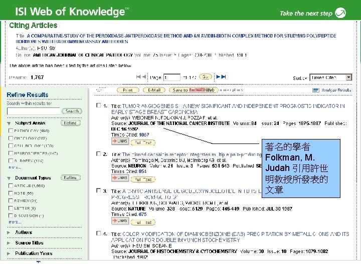 著名的學者 Folkman, M. Judah 引用許世 明教授所發表的 文章 86 Copyright 2007 Thomson Corporation 