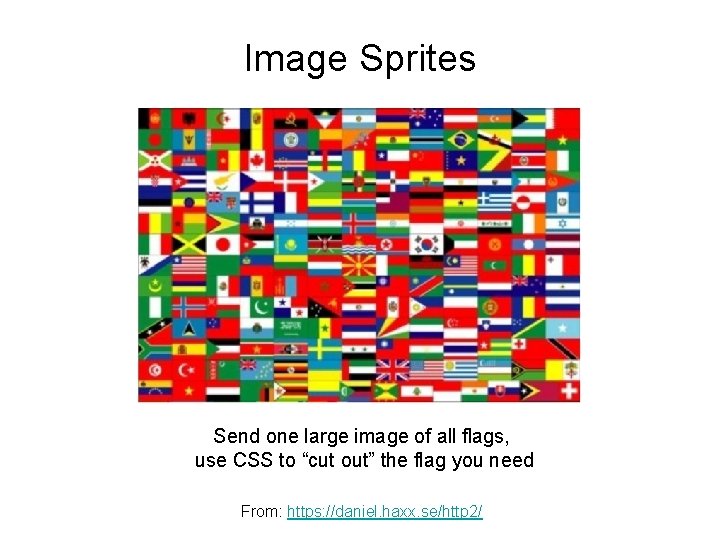 Image Sprites Send one large image of all flags, use CSS to “cut out”