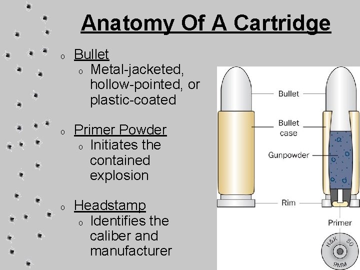 Anatomy Of A Cartridge o o o Bullet o Metal-jacketed, hollow-pointed, or plastic-coated Primer