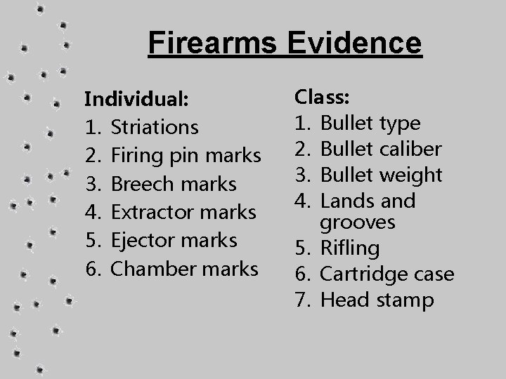 Firearms Evidence Individual: 1. Striations 2. Firing pin marks 3. Breech marks 4. Extractor