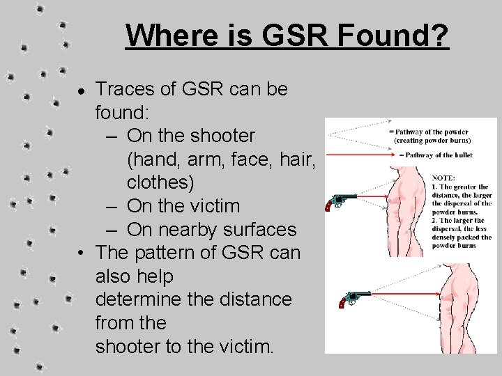 Where is GSR Found? Traces of GSR can be found: – On the shooter
