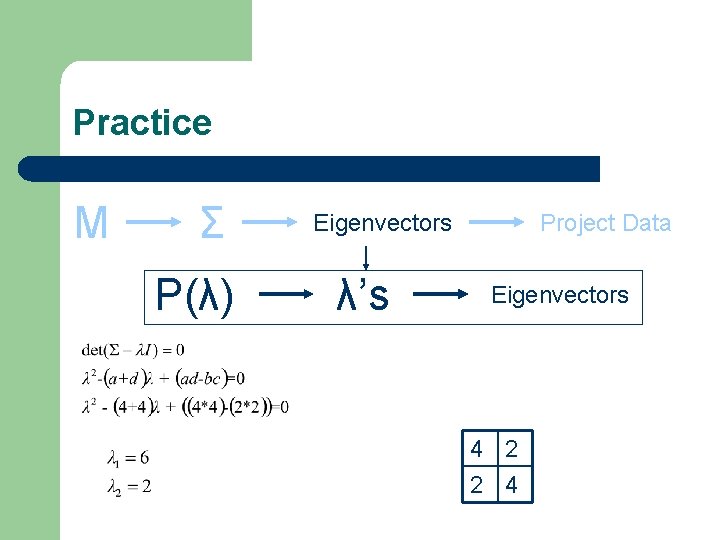 Practice M Σ P(λ) Eigenvectors λ’s Project Data Eigenvectors 4 2 2 4 