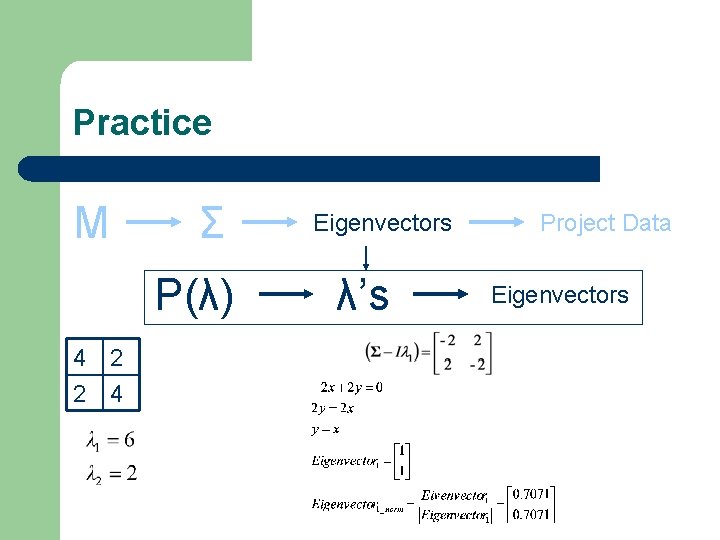 Practice M Σ P(λ) 4 2 2 4 Eigenvectors λ’s Project Data Eigenvectors 